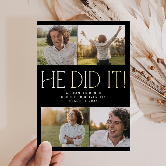 Invitation En Aluminium Fete Foil Noir Il L'A Fait Photo Graduation (Créateur téléchargé)