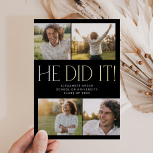 Invitation En Aluminium Fete Foil Noir Il L'A Fait Photo Graduation