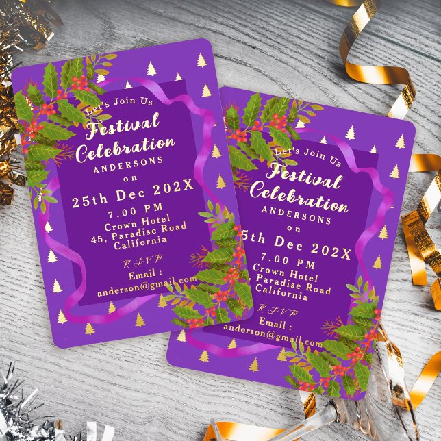 Invitation En Aluminium Fête Noël violet (Festival Celebration Christmas Purple Foil Invitation)