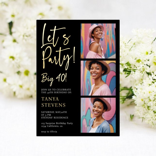Invitation En Aluminium Fête photo blanc noir quarante anniversaire or (Let's party photo white black forty birthday gold foil invitation)