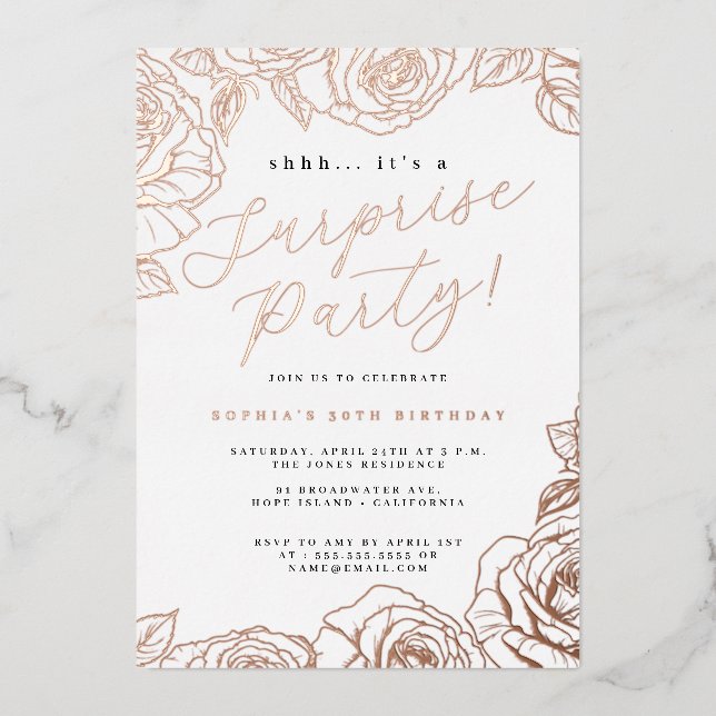 Invitation En Aluminium Fête surprise Rose Gold Script Rose (Recto)