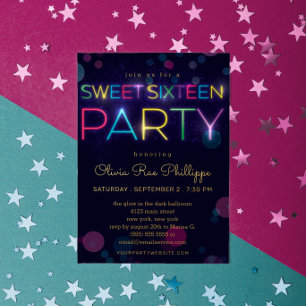 Invitation En Aluminium Fête Sweet Sixteen Néon Lumineux Or