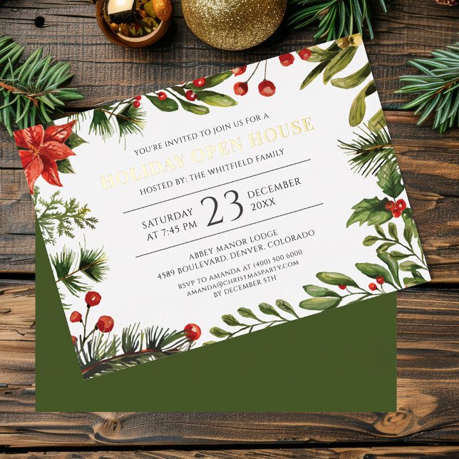 Invitation En Aluminium Fêtes de Noël Berries Verdure Open House Gold (Christmas Open House Red Berries Mistletoe Party Gold Foil Invitation)