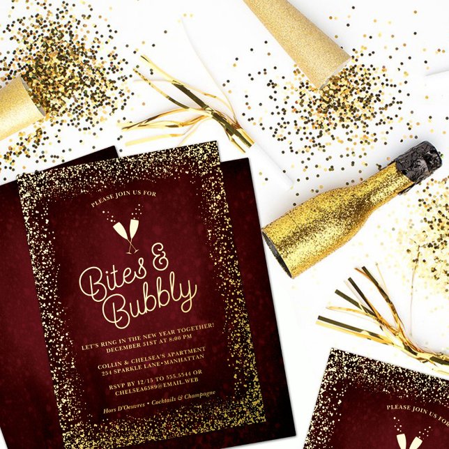 Invitation En Aluminium Fêtes de Noël Gilded Burgundy Bites & Bubbly (Créateur téléchargé)