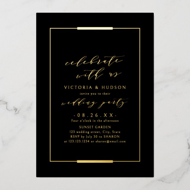 Invitation En Aluminium Fêtez Avec Nous ! Mariage d'élégance encadrée d'or (Recto)