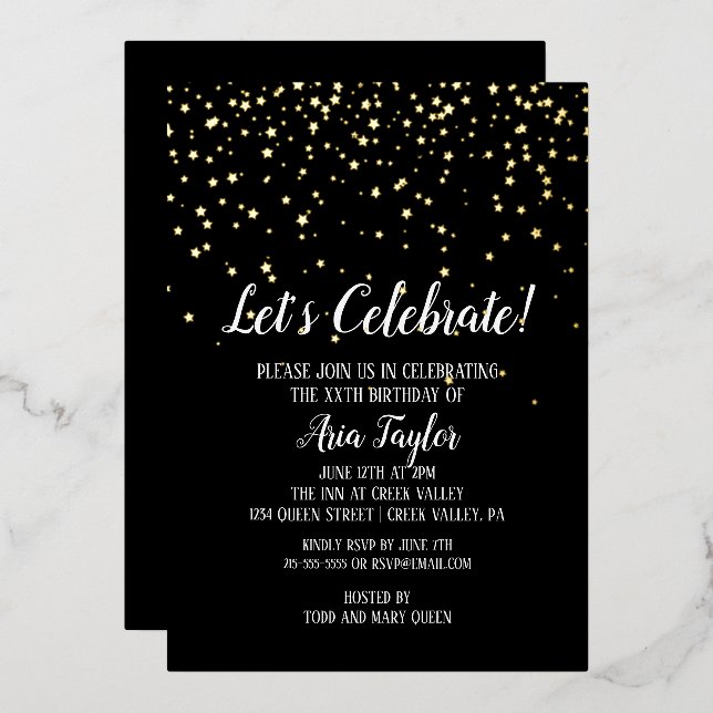 Invitation En Aluminium Fêtons Confetti sur Black Birthday Gold (Recto/Verso)