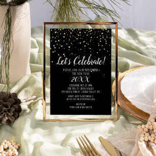 Invitation En Aluminium Fêtons les confettis sur fond noir Nouvel An Or