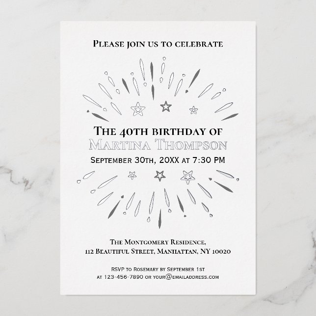 Invitation En Aluminium Feu d'artifice 40e fête d'anniversaire noir blanc  (Recto)