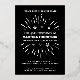 Invitation En Aluminium Feu d'artifice Noir Blanc Gris 40e anniversaire