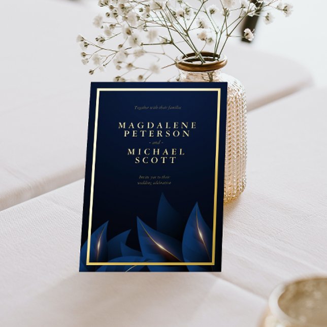 Invitation En Aluminium Feuillage bleu foncé élégant | Or (Créateur téléchargé)