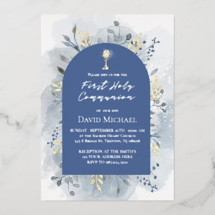 Invitation En Aluminium Feuillage bleu Première Sainte Communion