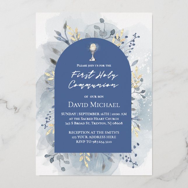 Invitation En Aluminium Feuillage bleu Première Sainte Communion (Recto)