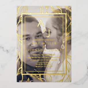 Invitation En Aluminium Feuillage botanique or photo mariage pressé