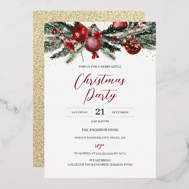 Invitation En Aluminium Feuillage de fête de Noël doré rouge  (Recto/Verso)