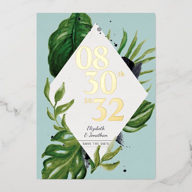 Invitation En Aluminium Feuillage de jungle tropical moderne bleu enregist (Recto)