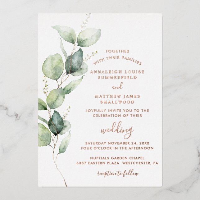 Invitation En Aluminium Feuillage de verdure d'eucalyptus Mariage Or Rose (Recto)