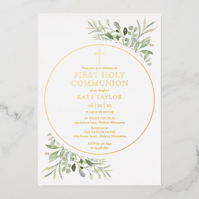 Invitation En Aluminium Feuillage de verdure Premier Saint Communion Or (Recto)