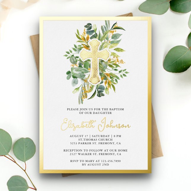 Invitation En Aluminium Feuillage rustique d'eucalyptus baptême or (Créateur téléchargé)