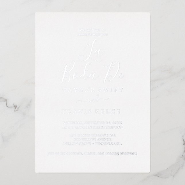 Invitation En Aluminium Feuille d'Argent Délicate | La Boda De Mariage  (Recto)