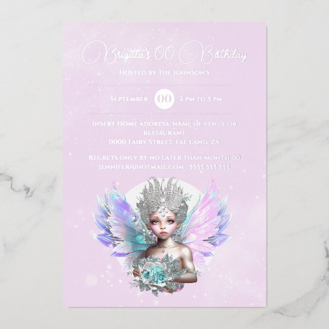 Invitation En Aluminium Feuille d'argent fée princesse rose fleur iridesce (Recto)