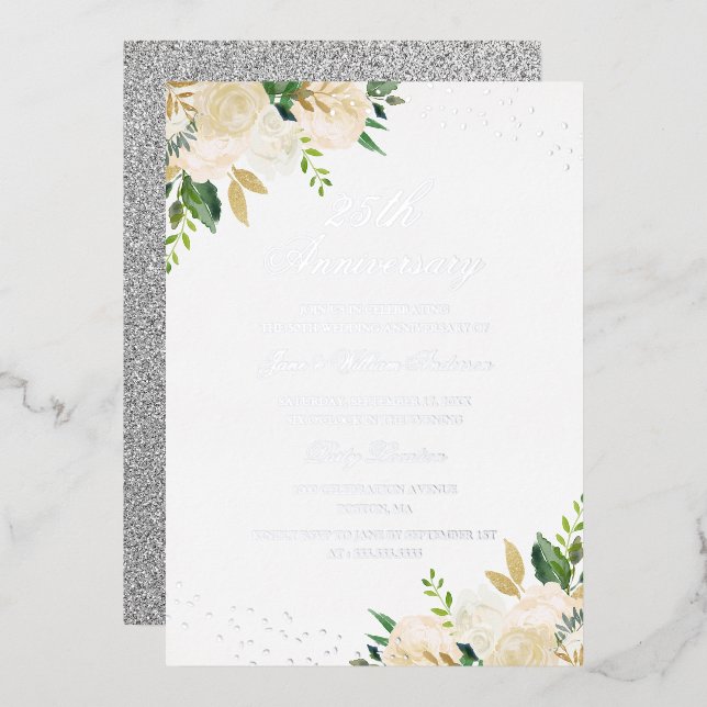 Invitation En Aluminium Feuille d'argent floral 25e anniversaire (Recto/Verso)