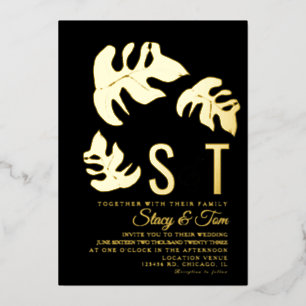 Invitation En Aluminium Feuille de Monstera de mariage noire pressée en li