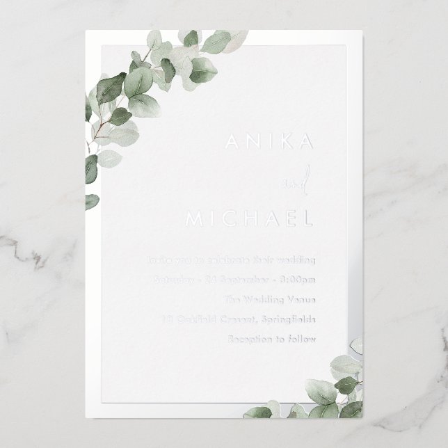 Invitation En Aluminium Feuille de Vert Sauge & Élégant Mariage Argent (Recto)