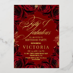 Invitation En Aluminium Feuille d'or et rose rouge 50e et fabuleux Anniver