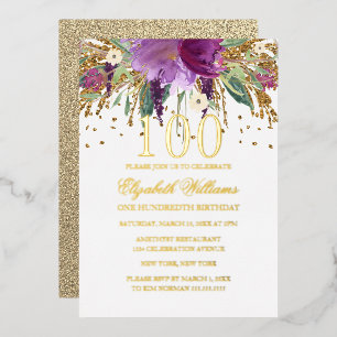 Invitation En Aluminium Feuille D'OR Fleurs Pailletées Améthyste 100e Anni