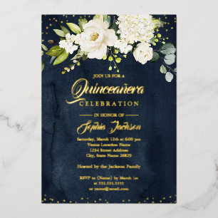 Invitation En Aluminium Feuille d'or Floral Or Navy Quinceanera