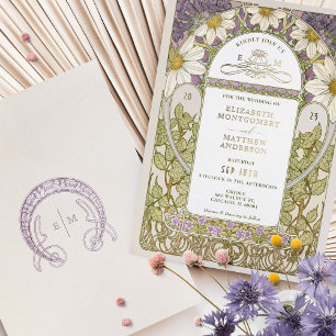 Invitation En Aluminium Feuille d'or lavande marguerites mariage Art nouve