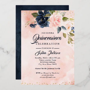 Invitation En Aluminium FEUILLE D'OR Navy Blush Rose Floral Quinceanera
