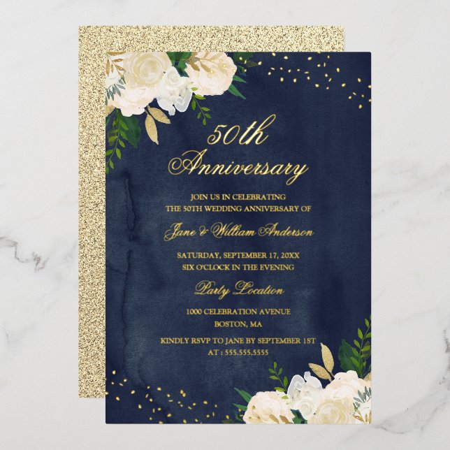 Invitation En Aluminium Feuille D'OR Navy Fleur Or 50e Anniversaire (Recto/Verso)