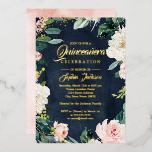 Invitation En Aluminium FEUILLE D'OR Navy Floral de Blush Couronne de Quin