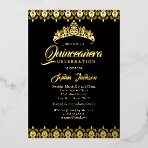 Invitation En Aluminium Feuille d'or noir Tiara Quinceanera