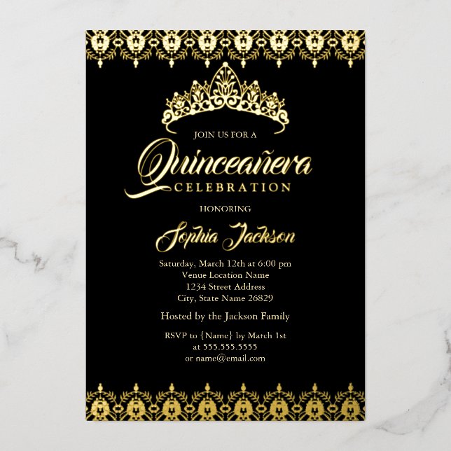 Invitation En Aluminium Feuille d'or noir Tiara Quinceanera (Recto)