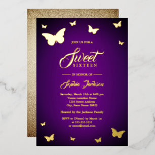 Invitation En Aluminium Feuille D'OR Papillon Violet Douce 16 Dorée