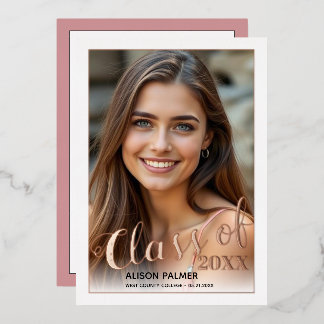 Invitation En Aluminium Feuille d'or rose Classe de 2023 script photo
