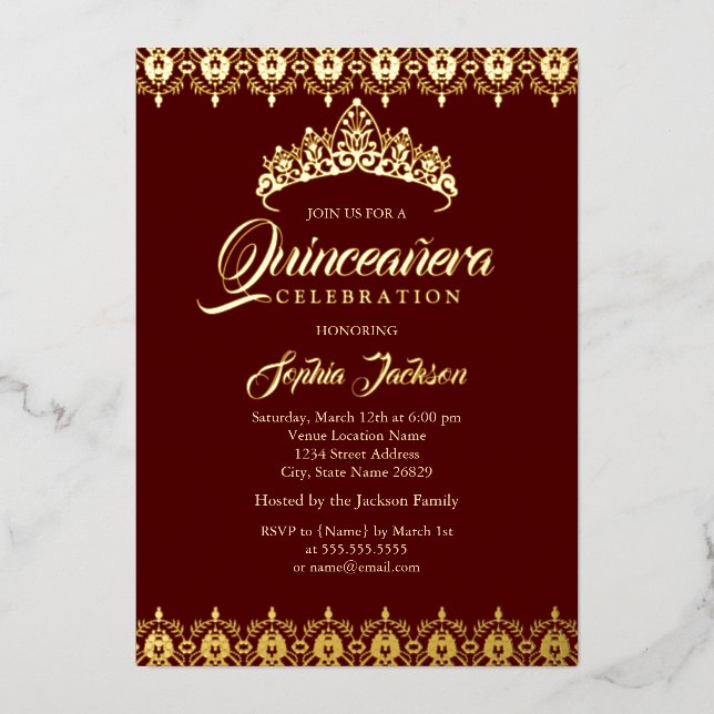 Invitation En Aluminium Feuille d'or Tiara Bourgogne Quinceanera (Recto)