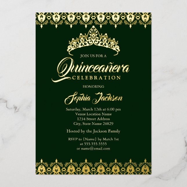 Invitation En Aluminium Feuille d'or Tiara Emerald Quinceanera (Recto)