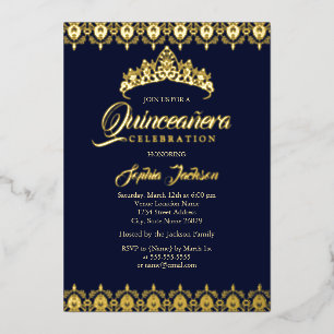 Invitation En Aluminium Feuille d'or Tiara Navy Quinceanera