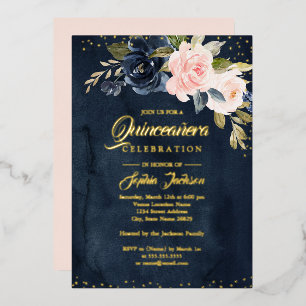Invitation En Aluminium FEUILLE D'OR VRAI Navy Blush Rose Floral Quinceane