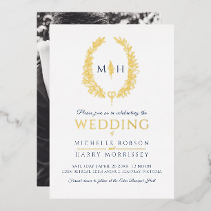 Invitation En Aluminium Feuille ligne ovale art mariage marine bleu or bla