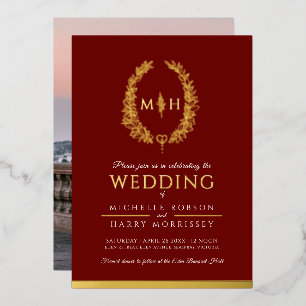 Invitation En Aluminium Feuille ligne ovale art mariage photo bordeaux or