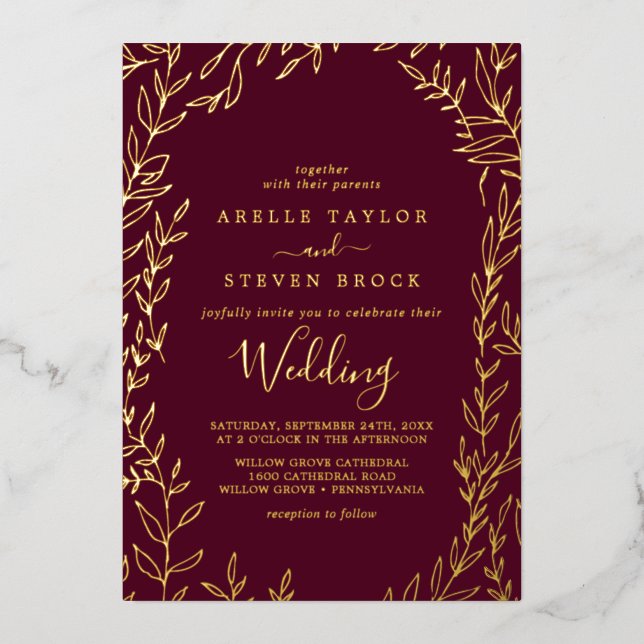 Invitation En Aluminium Feuille minimale | Gold Foil Bourgogne Mariage de  (Recto)