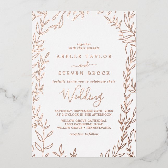 Invitation En Aluminium Feuille minimale | Rose Mariage de trames d'huile  (Recto)