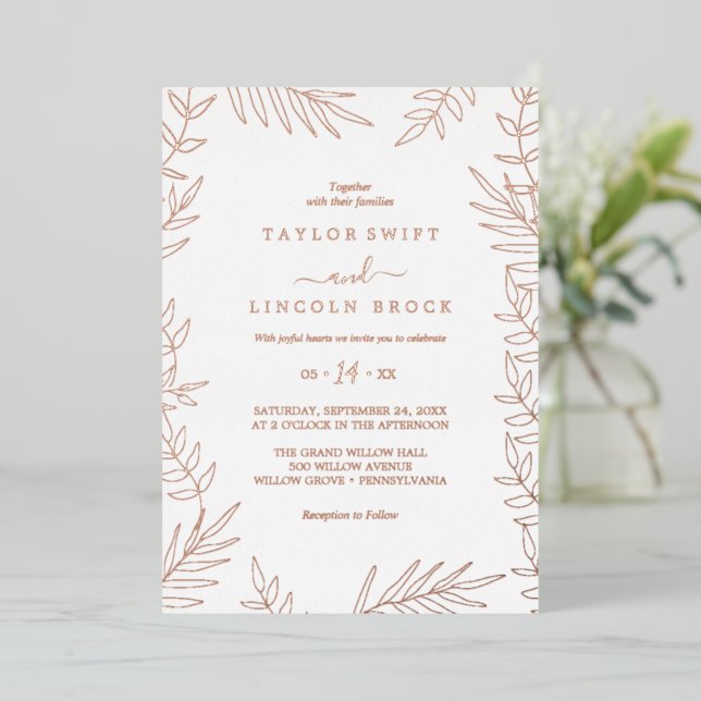Invitation En Aluminium Feuille minimale | Rose Mariage de trames d'huile  (Debout devant)