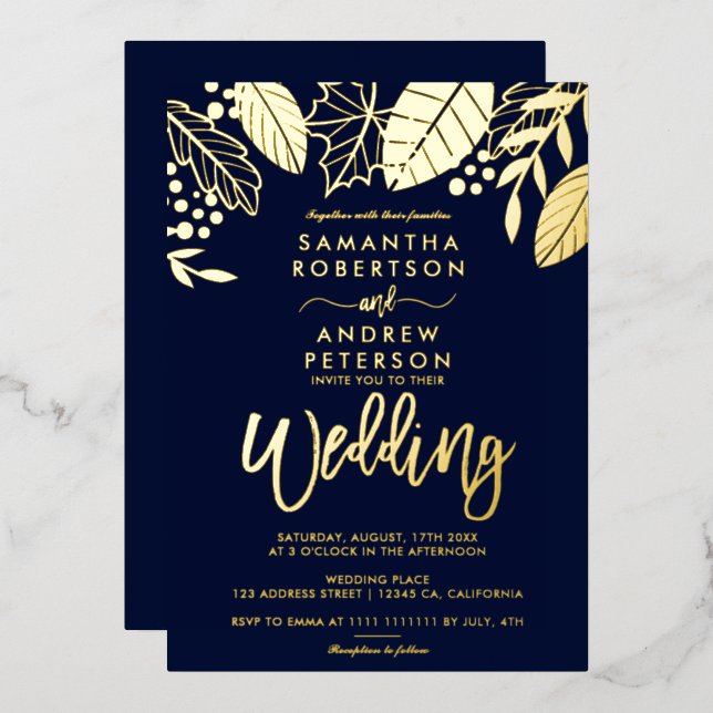 Invitation En Aluminium Feuille or chute typographie marine bleu mariage (Recto/Verso)
