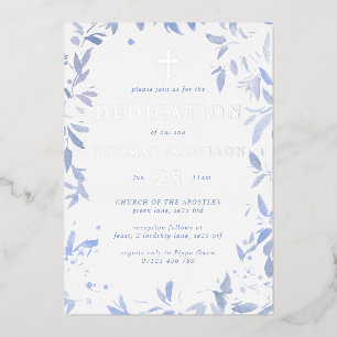 Invitation En Aluminium Feuilles d'aquarelle bleue Bébé Dédicace & Baptême
