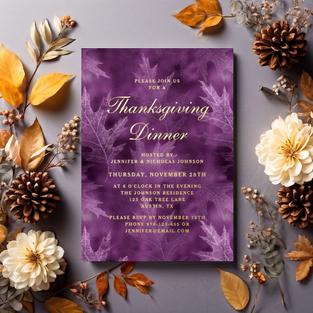 Invitation En Aluminium Feuilles d'automne chic Dinner de Thanksgiving en  (Chic Fall Leaves Thanksgiving Dinner Party Gold Foil Invitation)